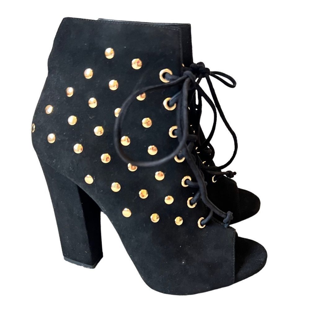 Giuseppe Zanotti Alien Studded Black Suede Peep Toe Heeled Booties